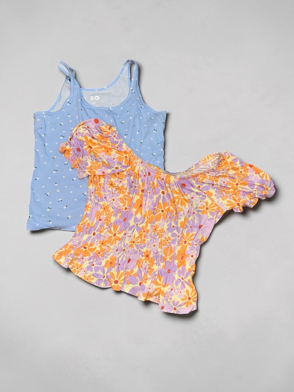 SO Light Blue Tank & Orange Lavender Floral Off-Shoulder Top - Size Medium